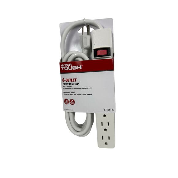 NIB Hyper Tough Indoor 6-Outlet Power Strip with 8ft Cord, 15A ,125V White - Picture 1 of 2